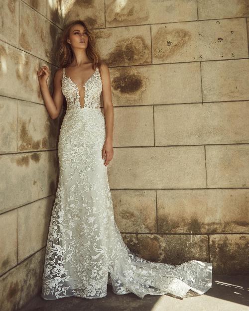 La8240 vintage lace wedding dress with detachable train and sheath silhouette1